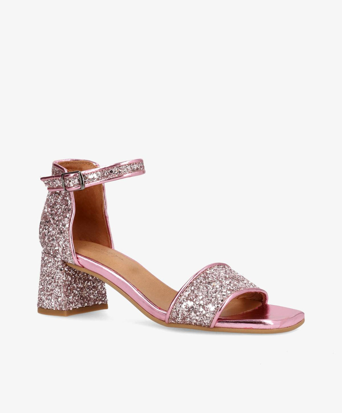 Lyserød glittersandal fra Shoedesign Copenhagen med ankelrem og hæl.