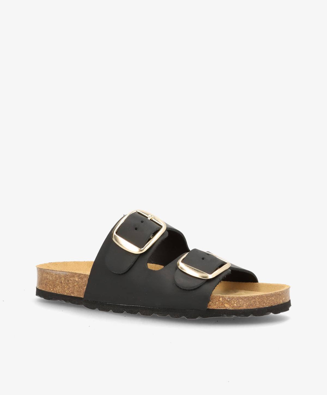 Sort sandal med to justerbare remme og guldspænder fra Shoedesign Copenhagen.