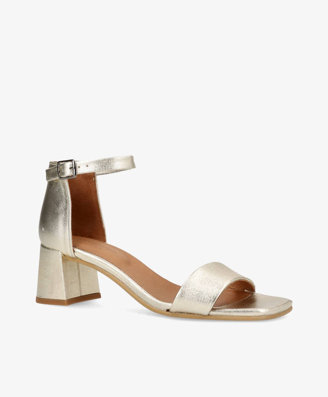 Skindsandal fra Shoedesign Copenhagen i guld med hæl og ankelrem.