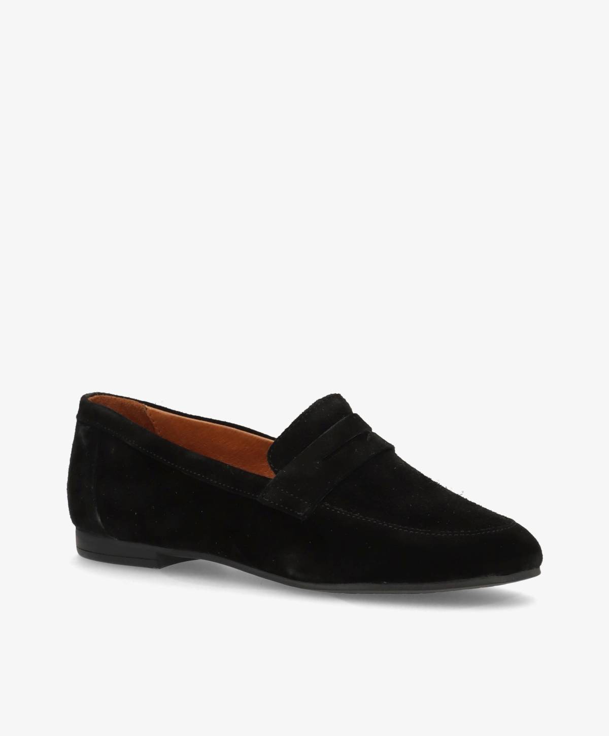 Sort ruskind loafer fra Shoedesign Copenhagen med lav hæl og klassisk design.