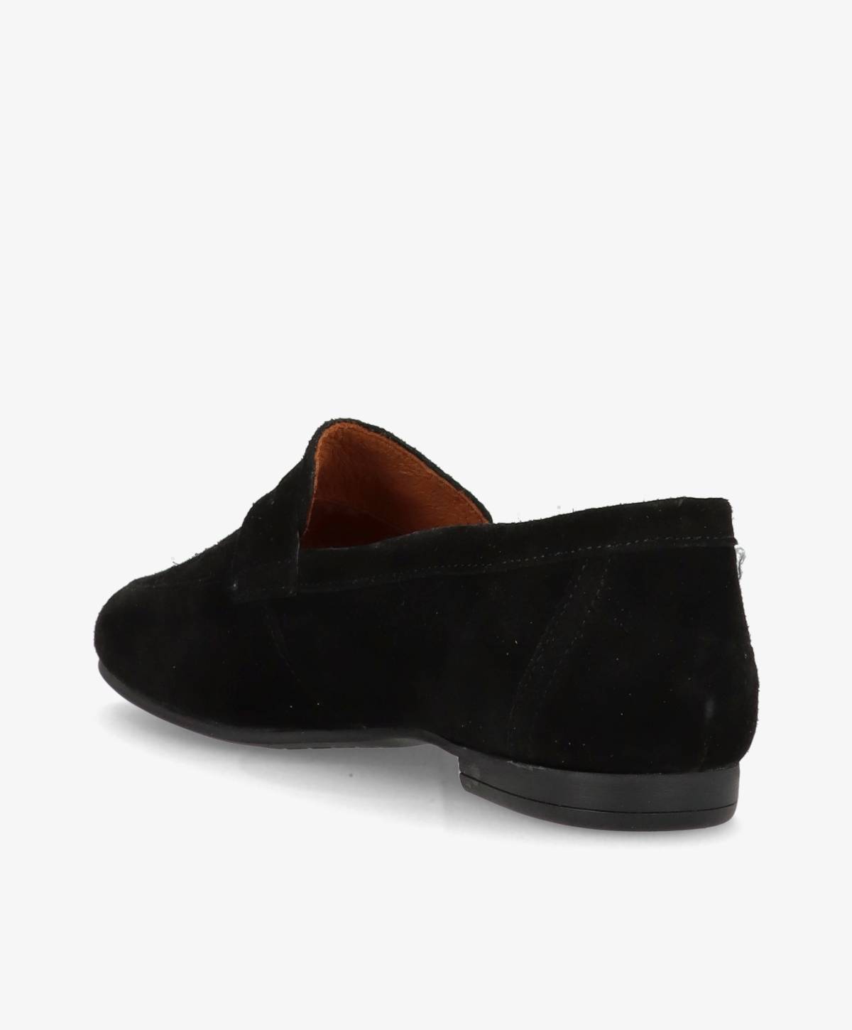 Sort mokkasin fra Shoedesign Copenhagen set fra siden, med lav hæl og blødt ruskindsmateriale.