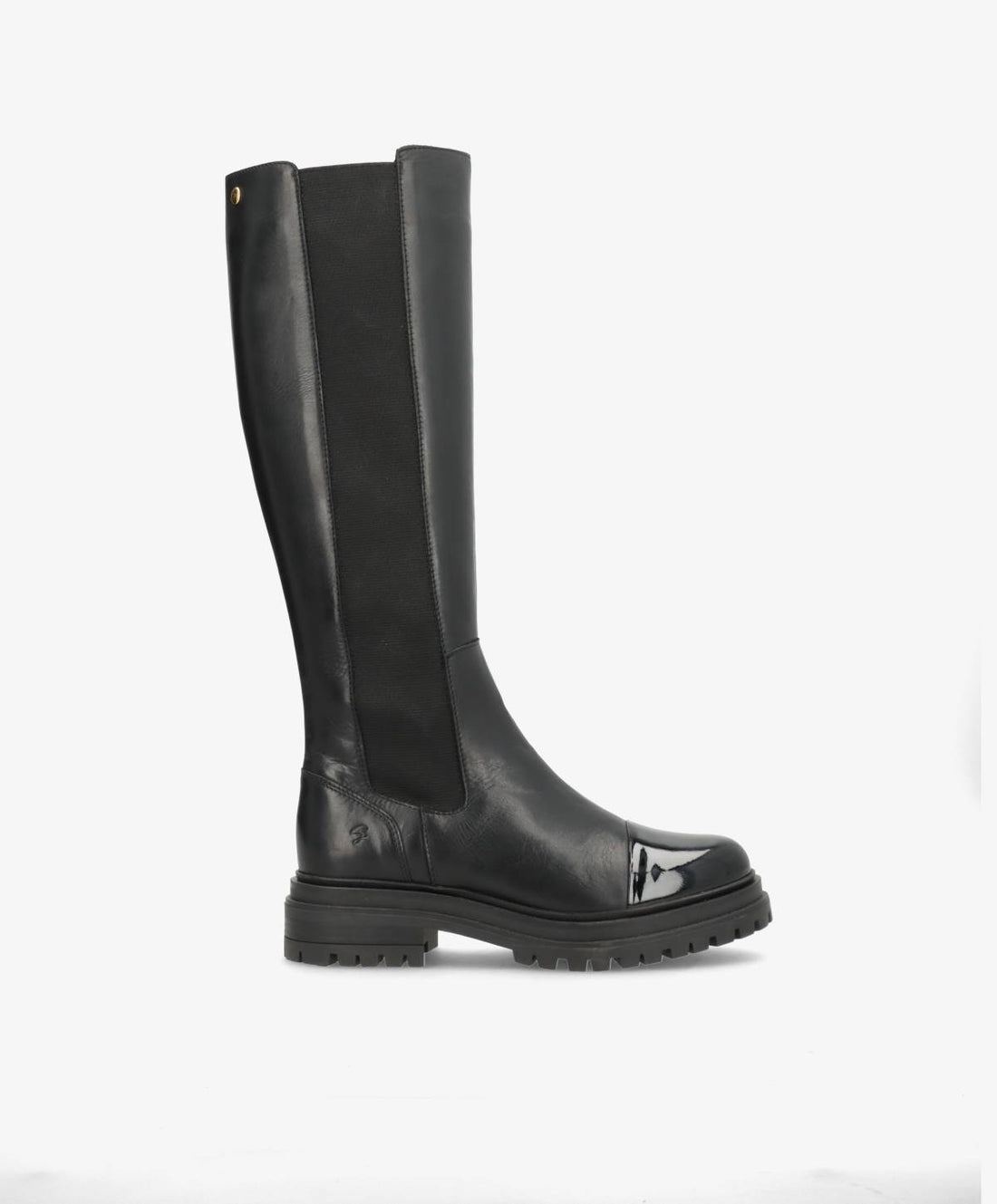 Sort knæhøj støvle fra Shoedesign Copenhagen med elastisk sidepanel og robust sål.