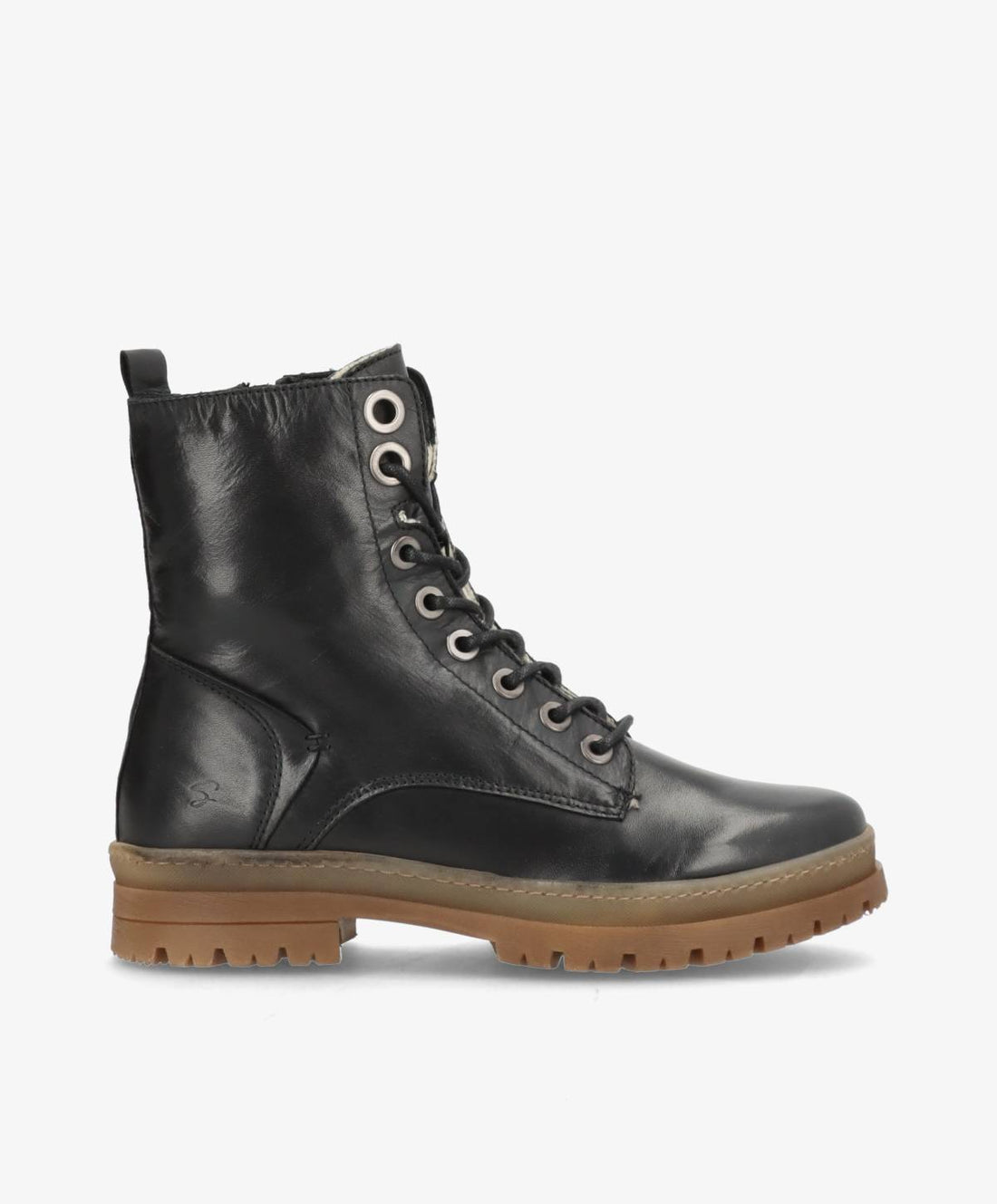 Sort læderstøvle med snørebånd og lynlås fra Shoedesign Copenhagen, brun gummisål.