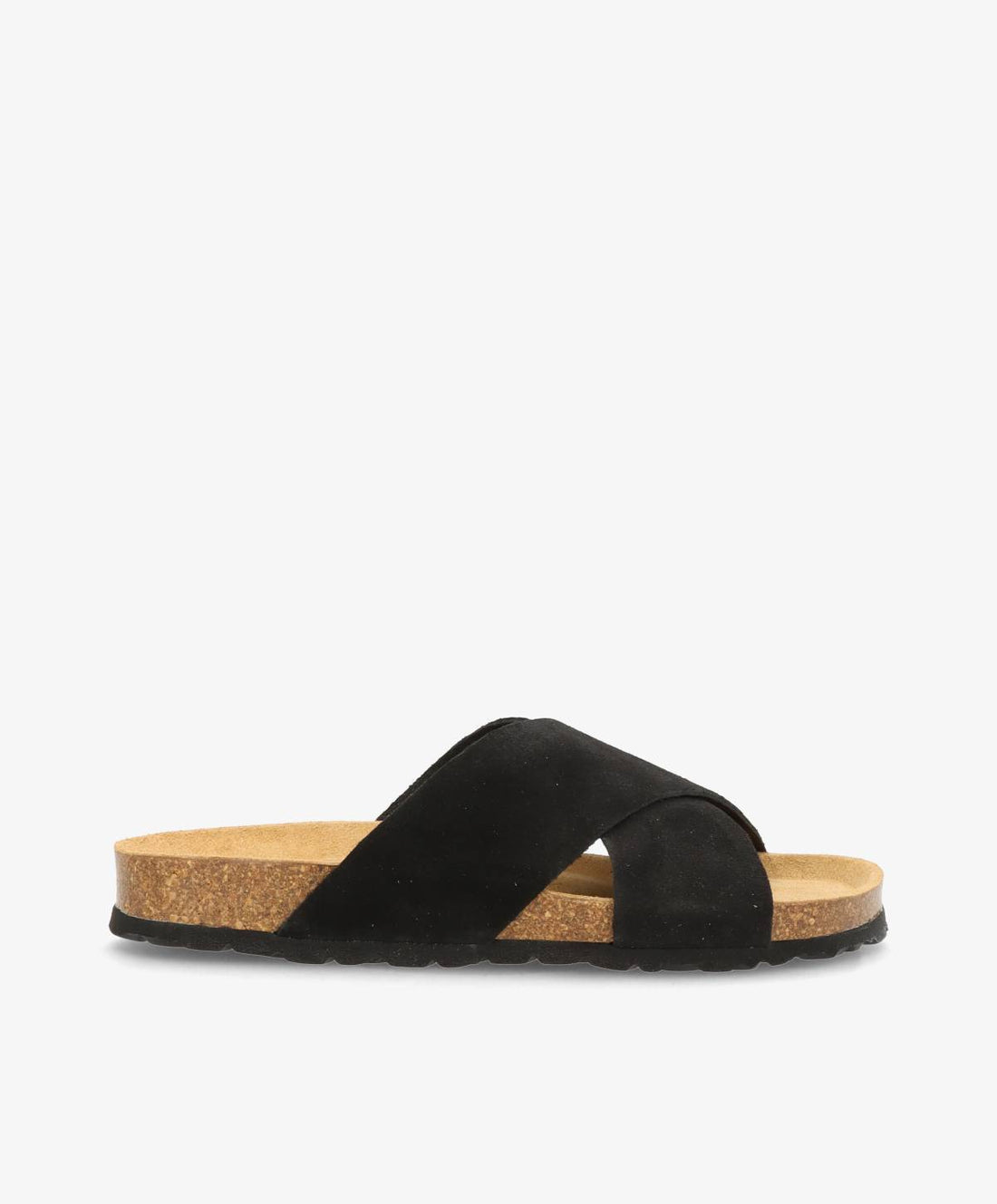 Sort sandal med krydsremme fra Shoedesign Copenhagen, med korksål og sort gummisål.