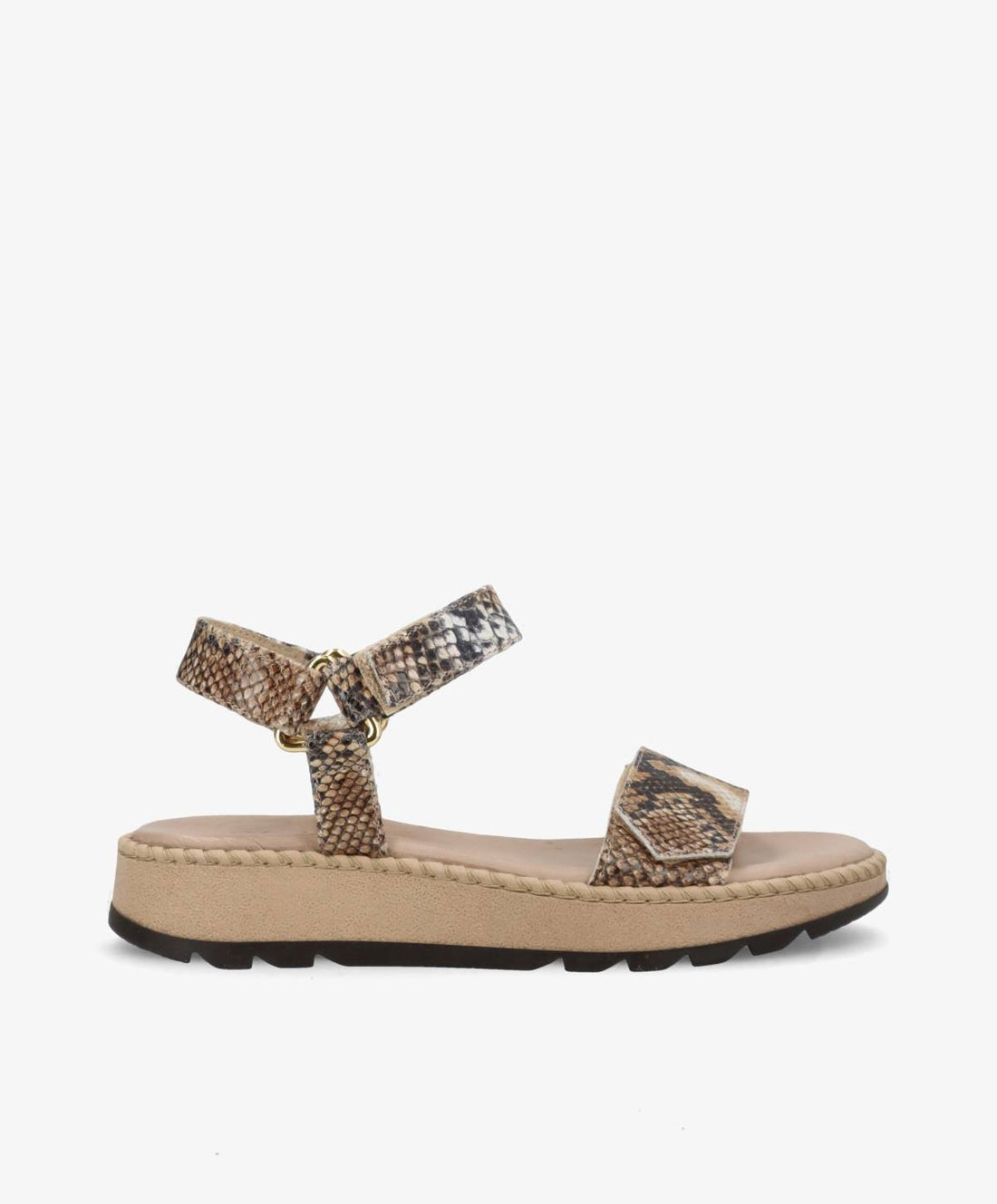 Sandaler fra Shoedesign Copenhagen i slangeskindsmønster med justerbar ankelrem og flad sål.