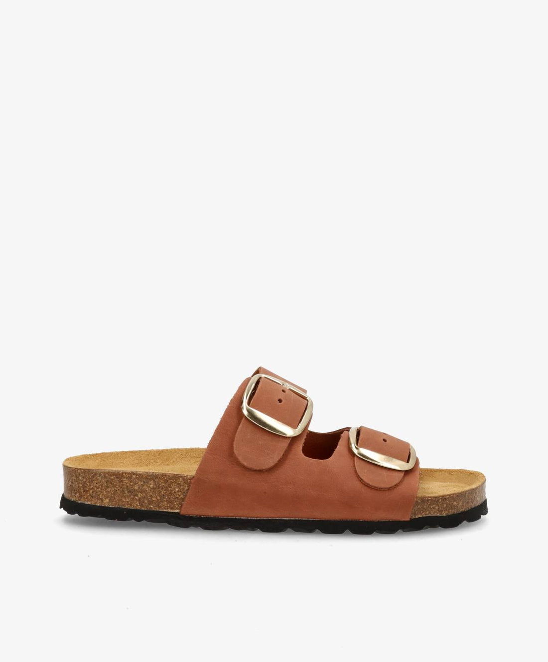 Brun lædersandal med to justerbare remme og guldspænder fra Shoedesign Copenhagen.