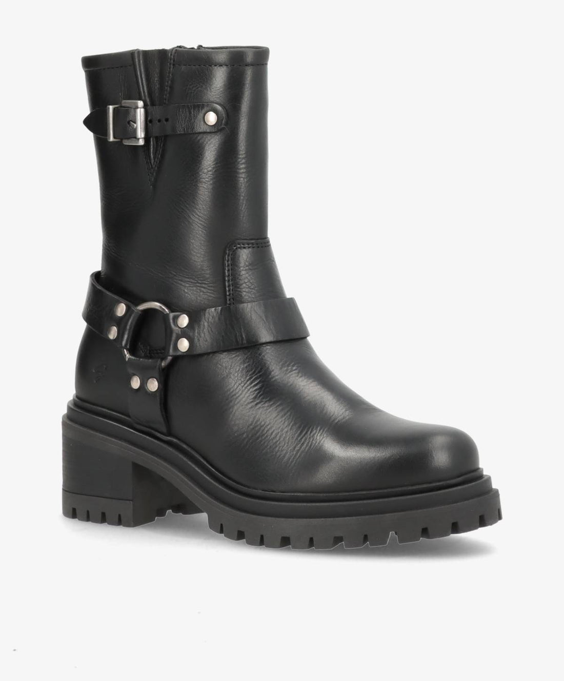 Sort læderstøvle fra Shoedesign Copenhagen med spænde og nitte detaljer, robust sål og lav hæl.