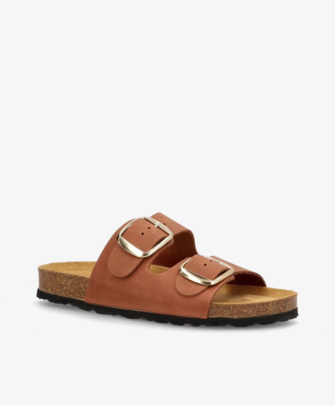Brun lædersandal med to justerbare remme og guldspænder fra Shoedesign Copenhagen.