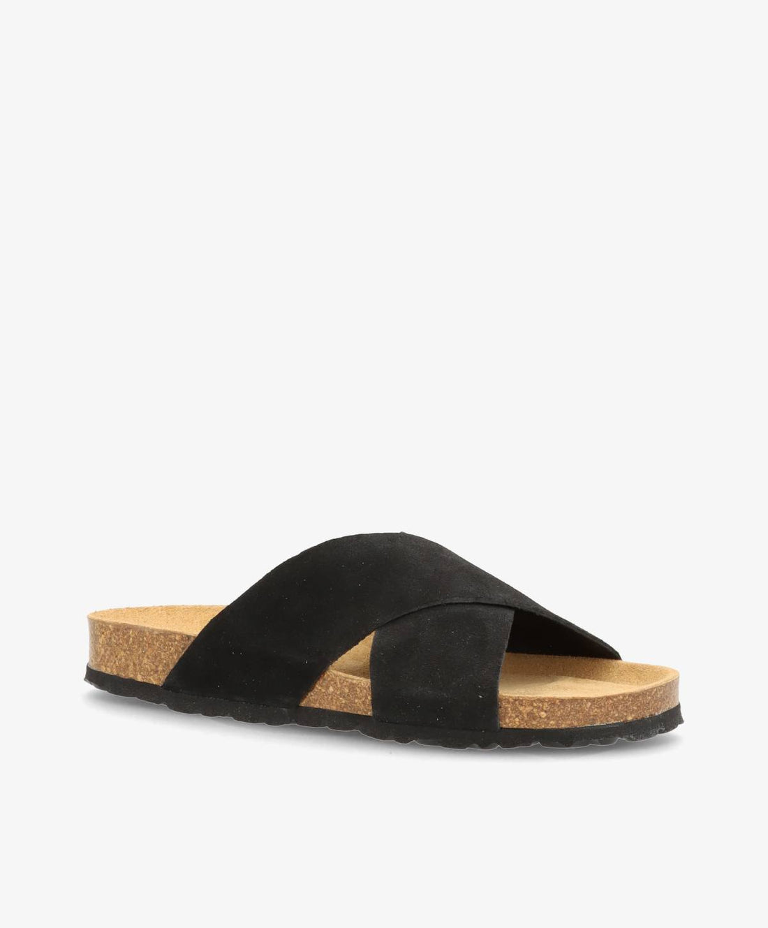 Sort sandal med krydsremme fra Shoedesign Copenhagen, med korksål og sort gummisål.