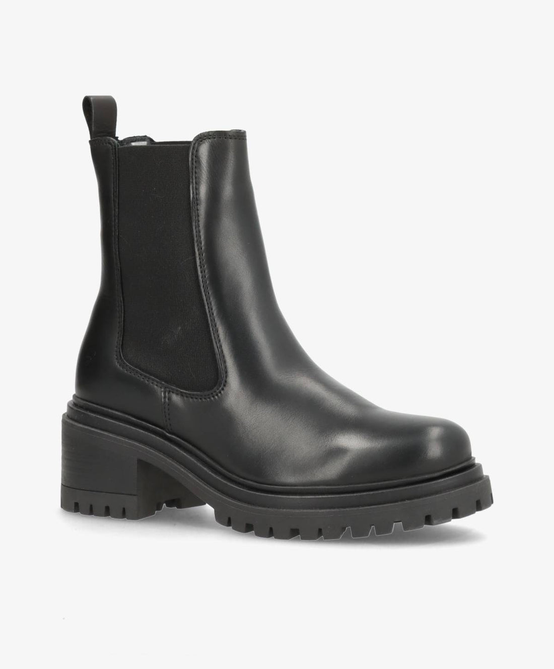 Sort læderstøvle fra Shoedesign Copenhagen med elastiske paneler og chunky hæl.