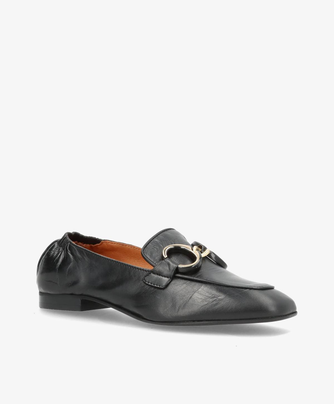 Sort læderloafers fra Shoedesign Copenhagen med metalspænde og lav hæl.