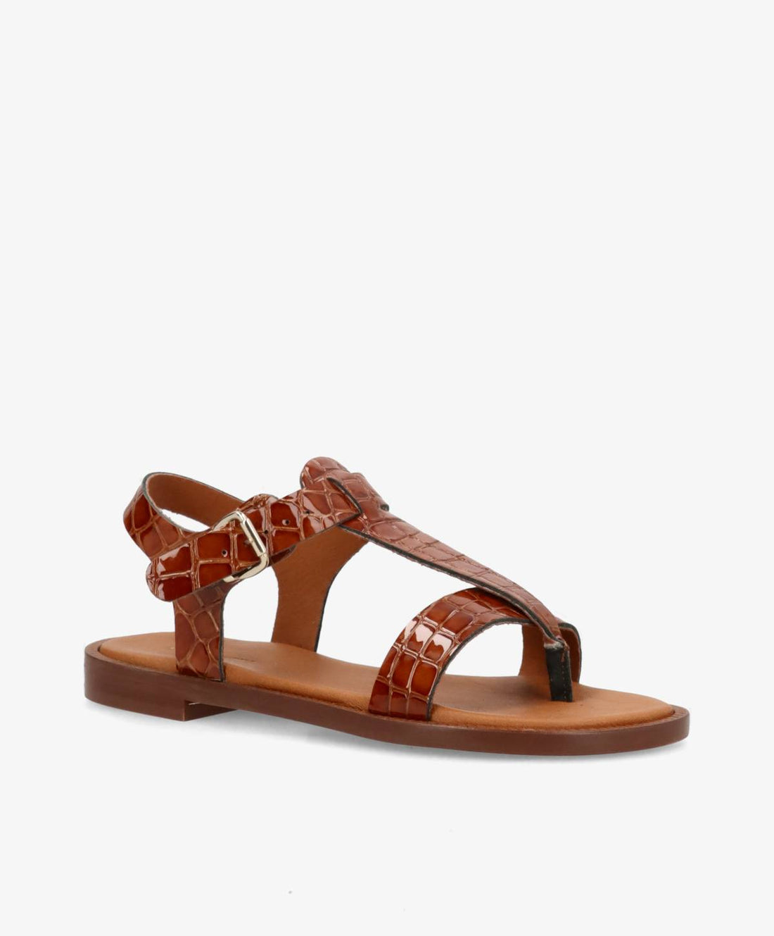 Brun krokodillemønstret sandal fra Shoedesign Copenhagen med justerbar rem og flad sål.