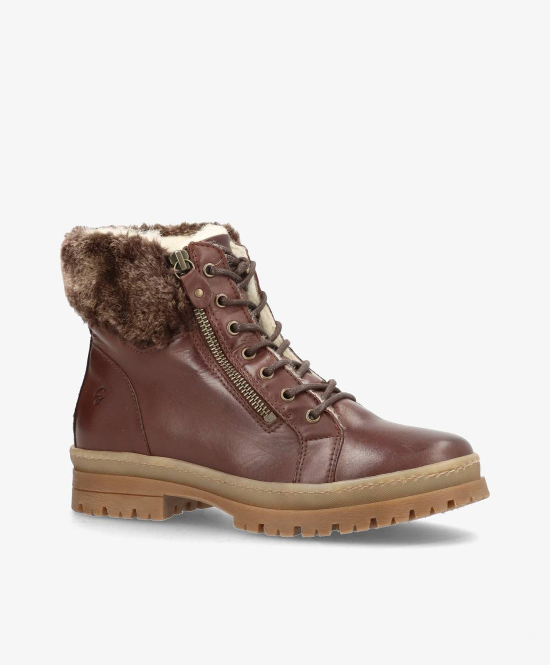 Brun vinterstøvle fra Shoedesign Copenhagen med pelsforing og lynlåsdetalje.