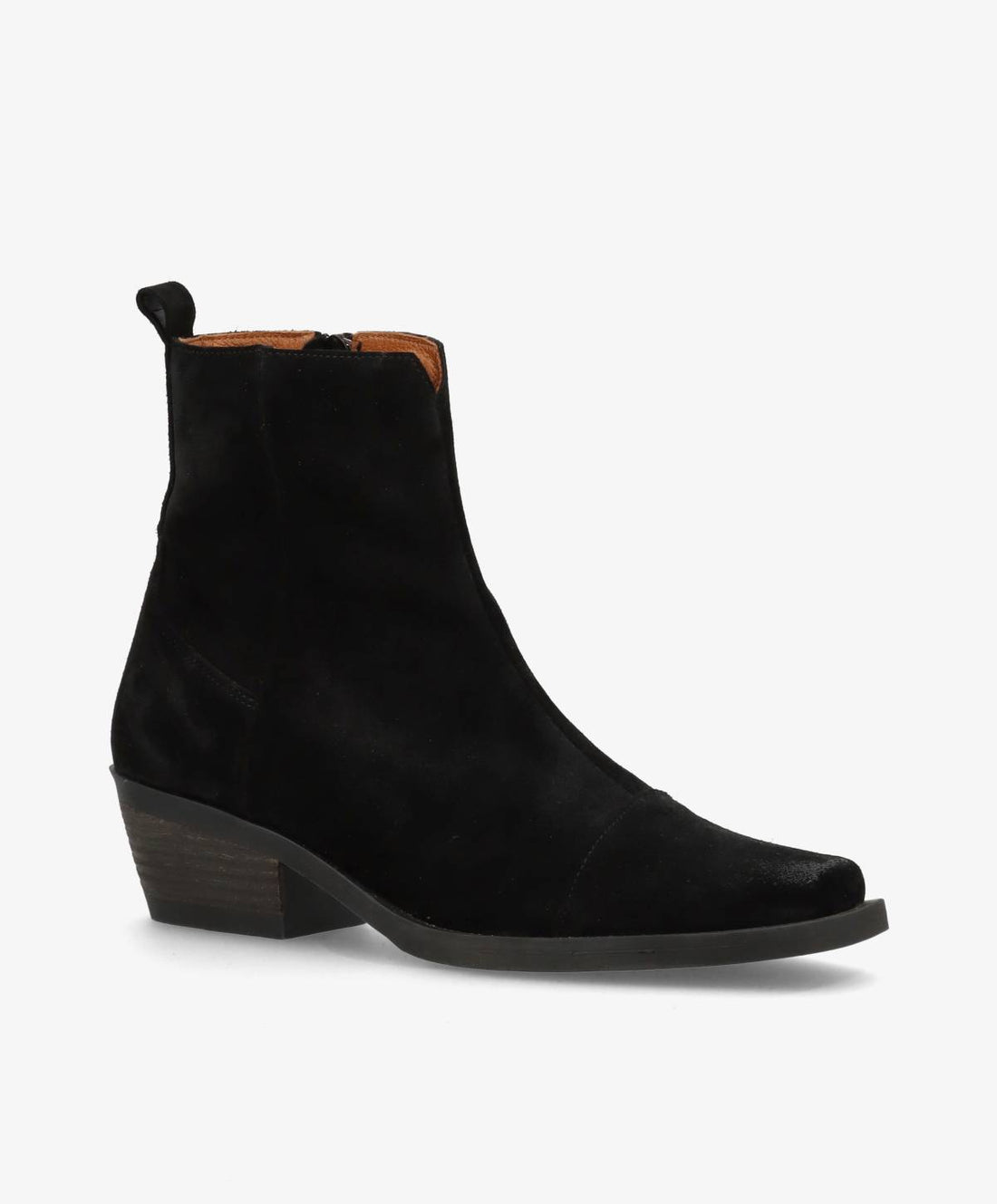 Sorte ruskindsstøvler fra Shoedesign Copenhagen med spids snude og lynlåsluk.