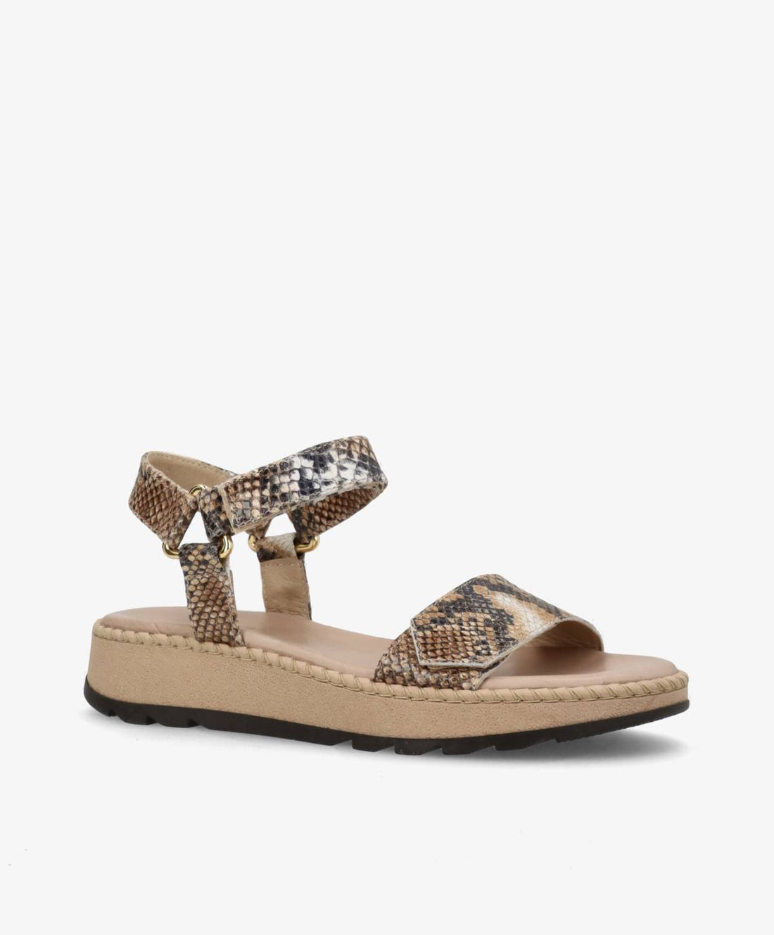 Sandaler fra Shoedesign Copenhagen i slangeskindsmønster med justerbar ankelrem og flad sål.