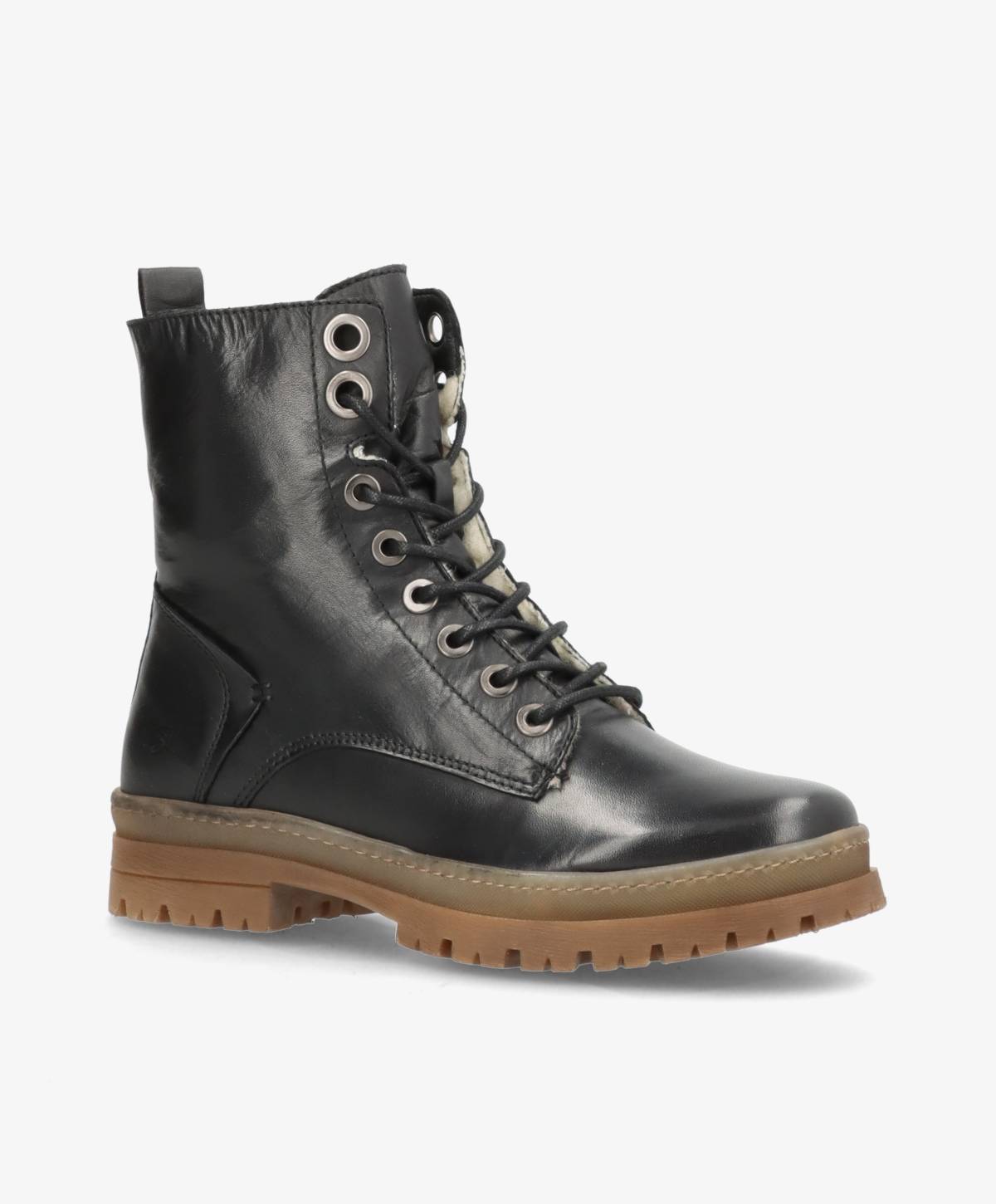 Sort læderstøvle fra Shoedesign Copenhagen med snørebånd og brun sål.
