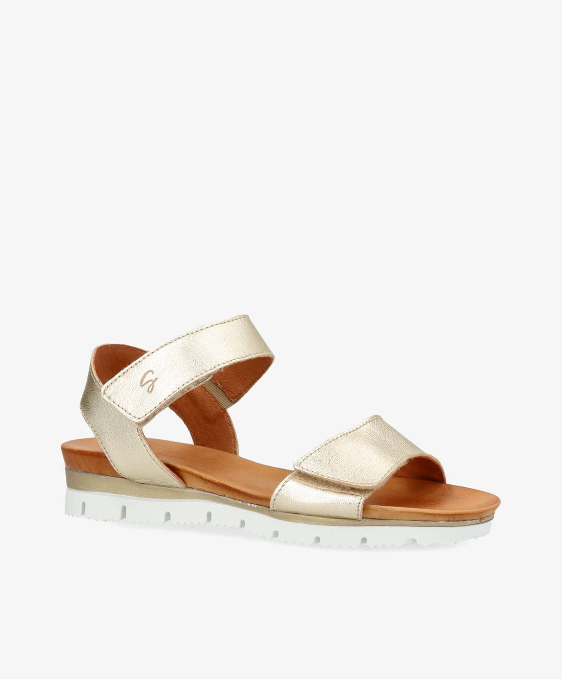 Guld sandaler fra Shoedesign Copenhagen med hvid sål og justerbare stropper.
