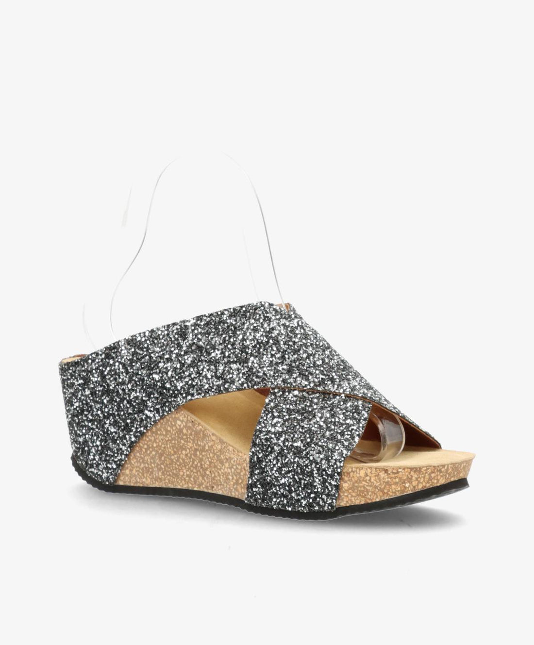 Sort og sølv glitrende kilehæl sandal fra Shoedesign Copenhagen med krydsremme og korksål.