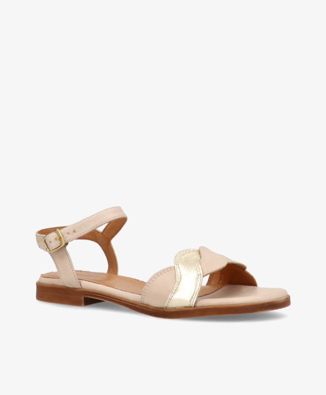 Beige og gylden sandal fra Shoedesign Copenhagen med justerbar ankelrem og flad sål.