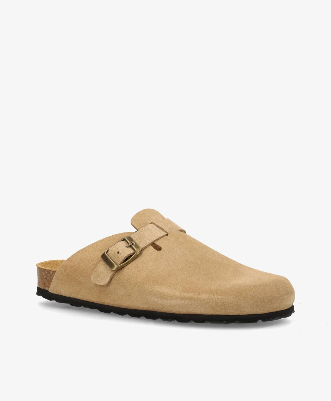 Beige ruskindssandal med spænde fra Shoedesign Copenhagen, set fra siden.