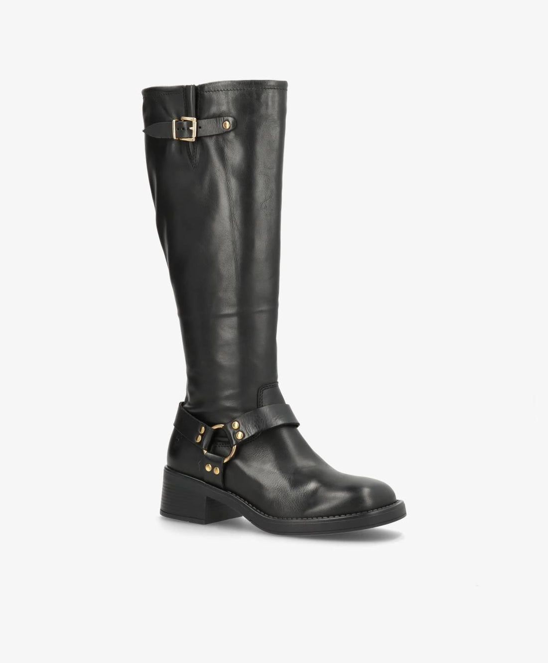 Sort knæhøj støvle fra Shoedesign Copenhagen med spænder og lav hæl.