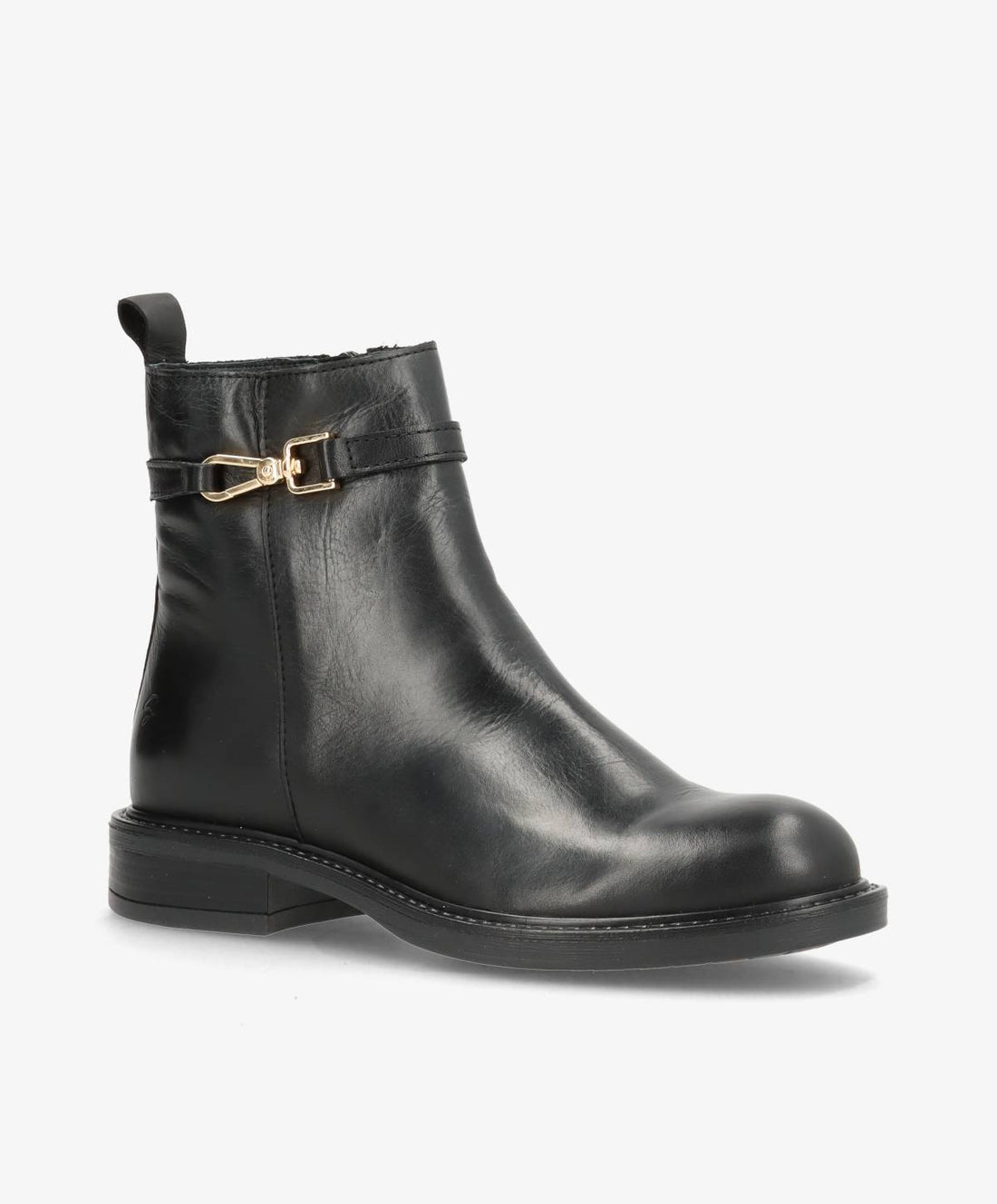 Sort læderstøvle fra Shoedesign Copenhagen med gulddetalje og lav hæl.