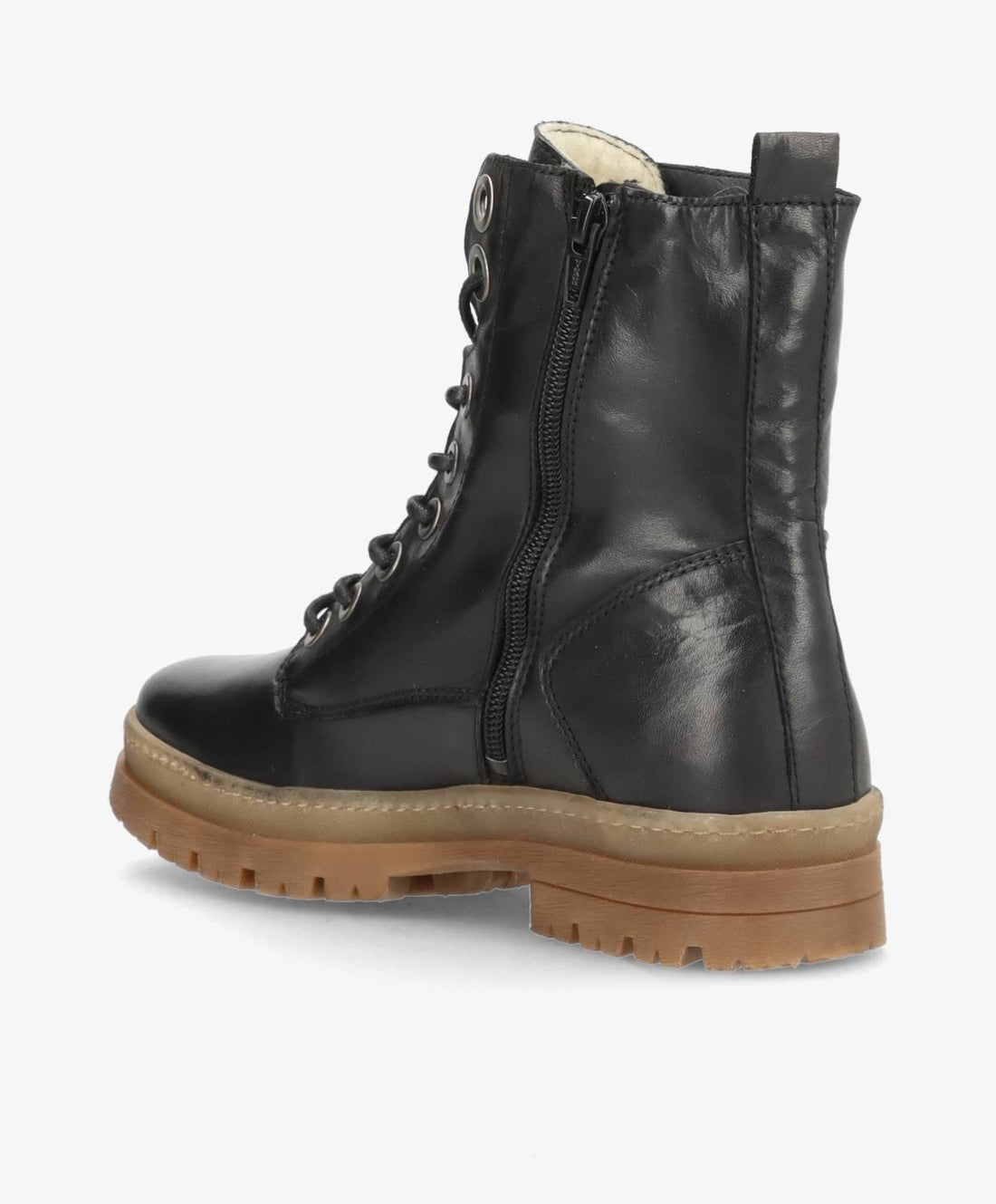 Sort læderstøvle med snørebånd og lynlås fra Shoedesign Copenhagen, brun gummisål.
