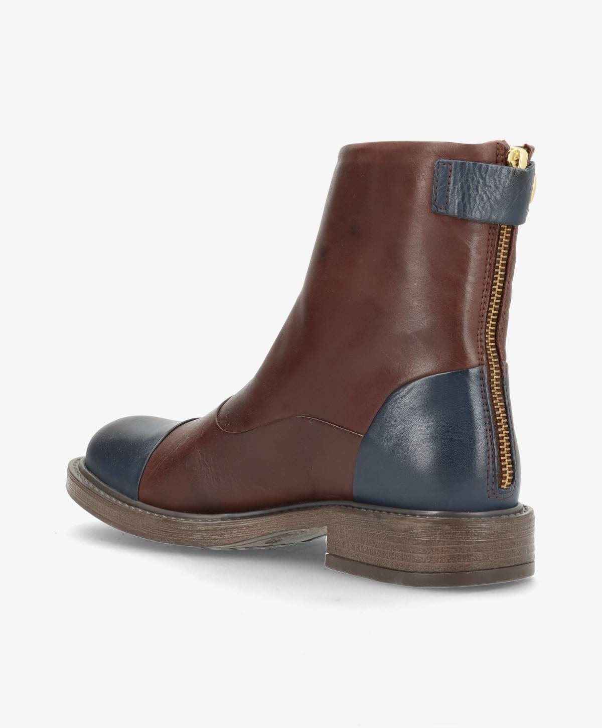 Brun og blå læderstøvle med lynlås bagpå fra Shoedesign Copenhagen.