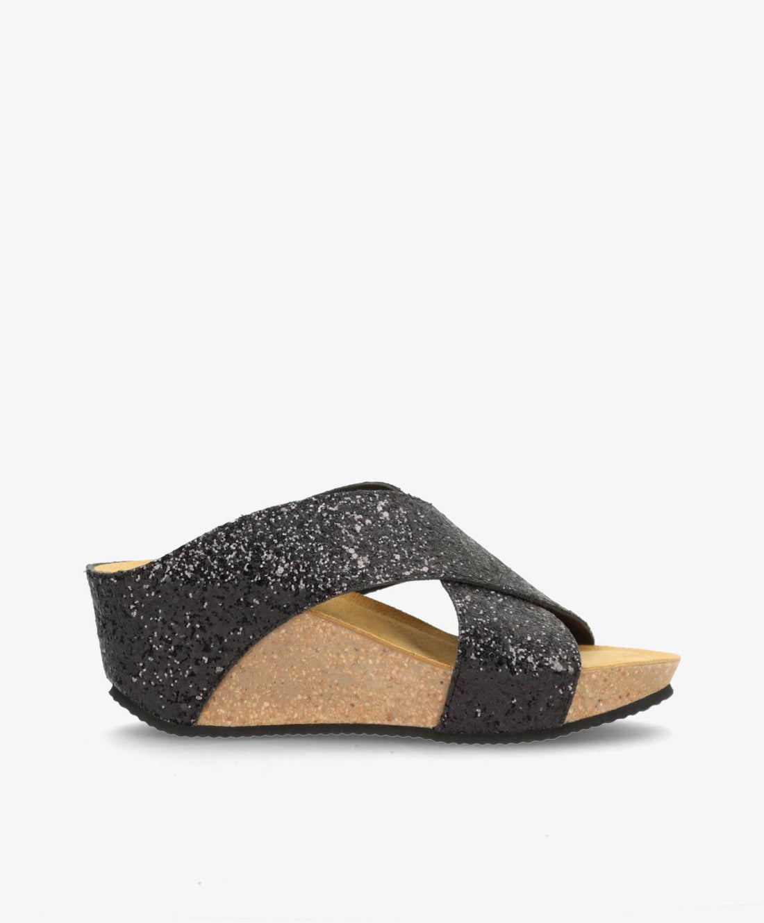 Sort glitrende sandal med krydsremme og korksål fra Shoedesign Copenhagen.