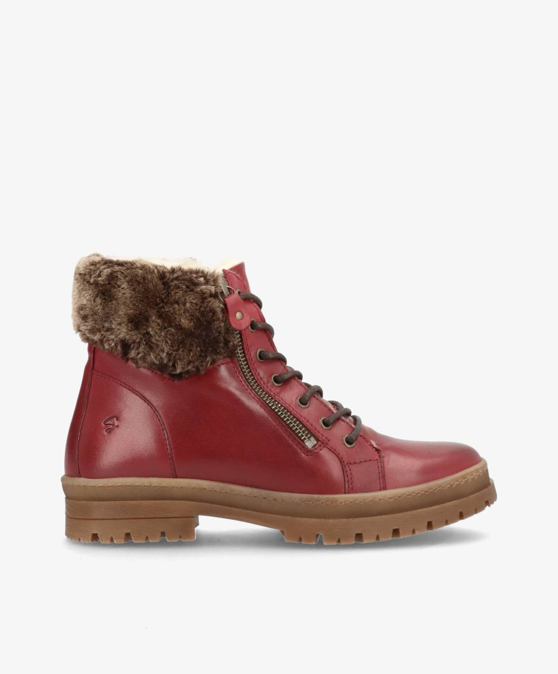 Rød læderstøvle med pelsforing og lynlås fra Shoedesign Copenhagen.