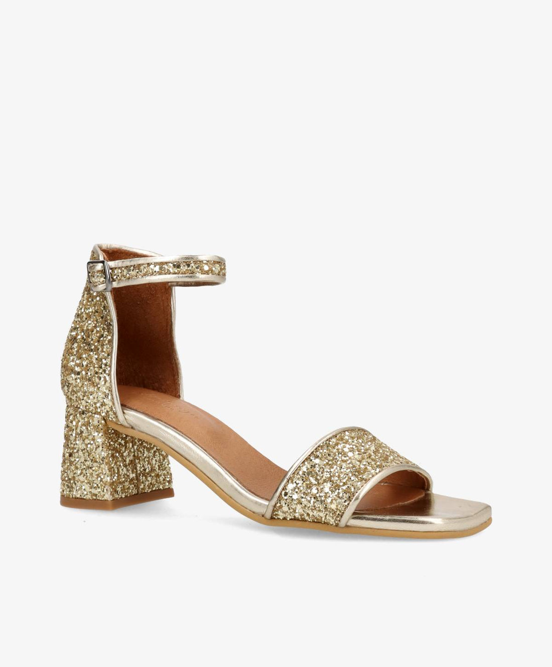 Guld sandal med glitter fra Shoedesign Copenhagen med hæl og ankelrem.
