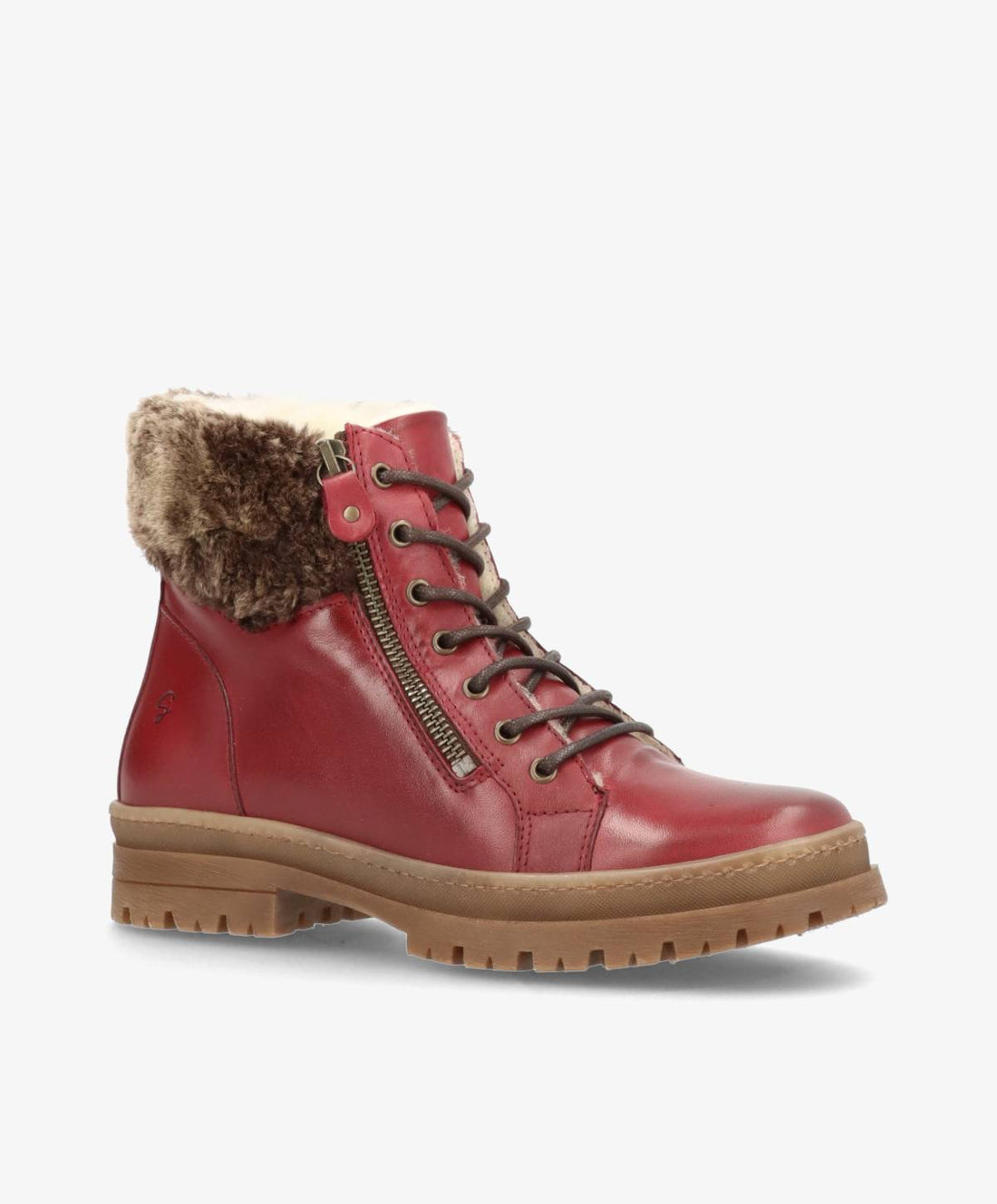 Rød læderstøvle med pelsforing og lynlås fra Shoedesign Copenhagen.