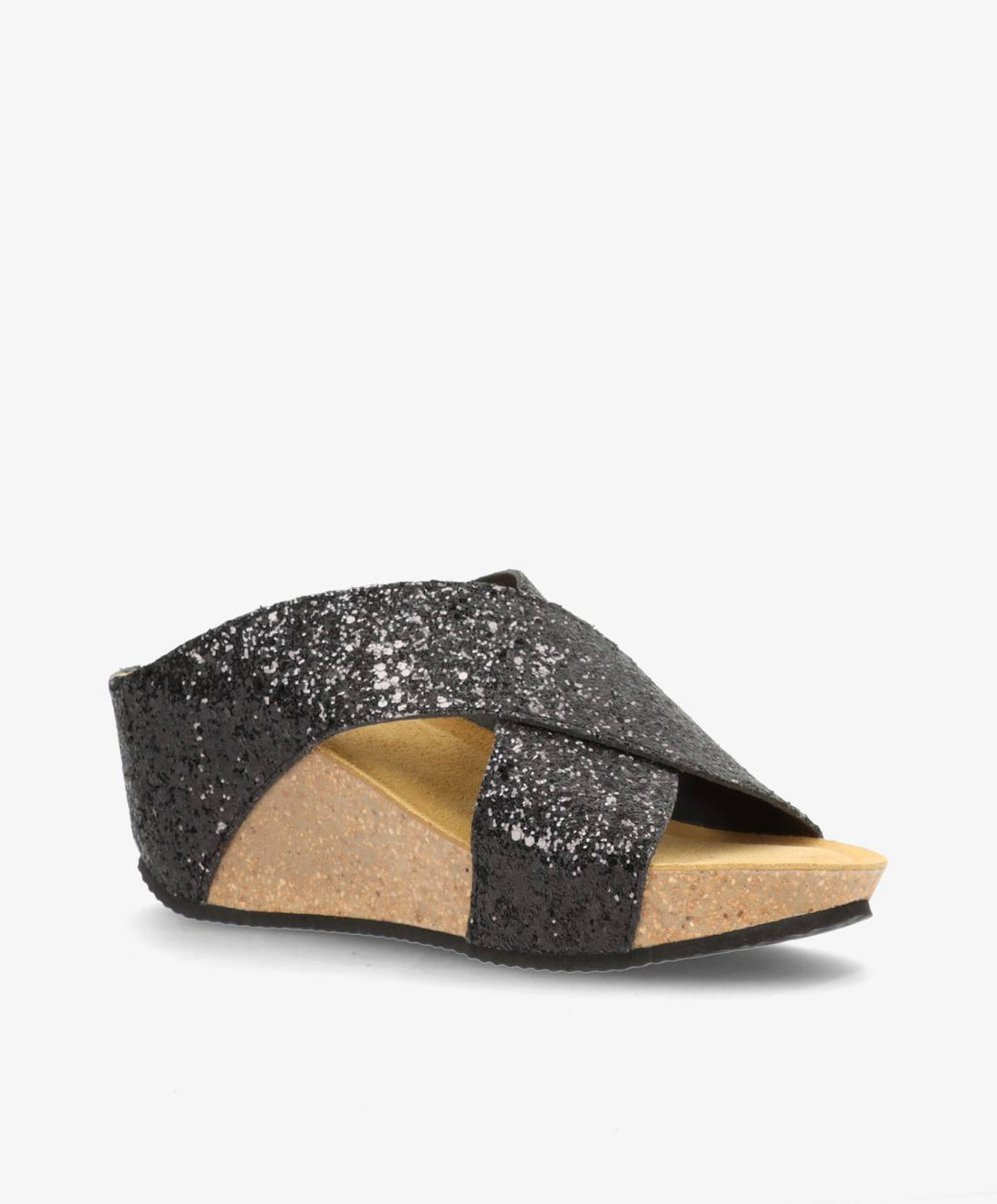 Sort glitrende sandal med krydsremme og korksål fra Shoedesign Copenhagen.