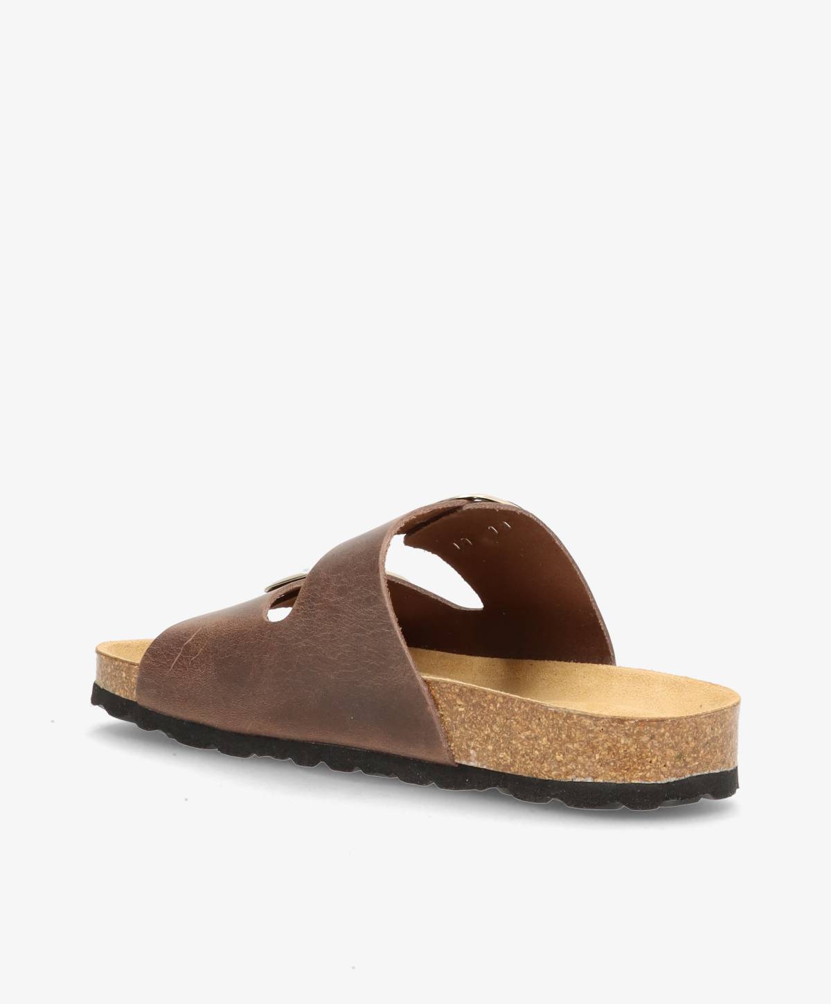 Brun lædersandal fra Shoedesign Copenhagen med korksål og sort gummibund, set fra siden.
