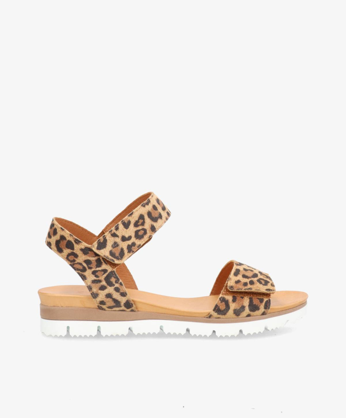 Leopardmønstrede sandaler fra Shoedesign Copenhagen med hvid sål og justerbare stropper.