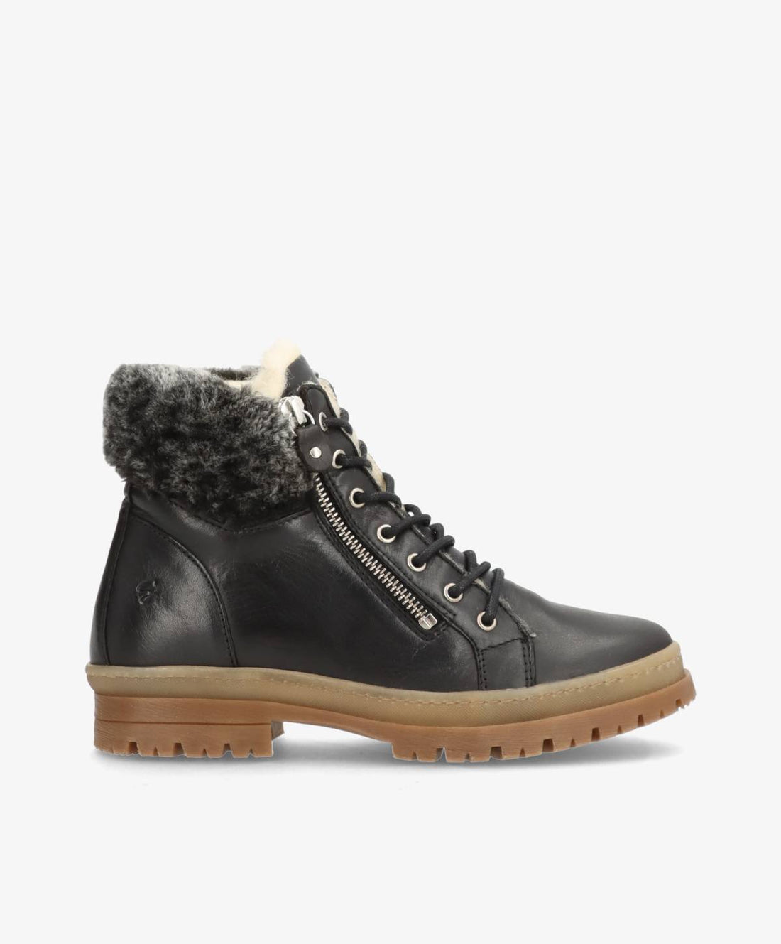 Sort læderstøvle med pelskrave og lynlås fra Shoedesign Copenhagen.