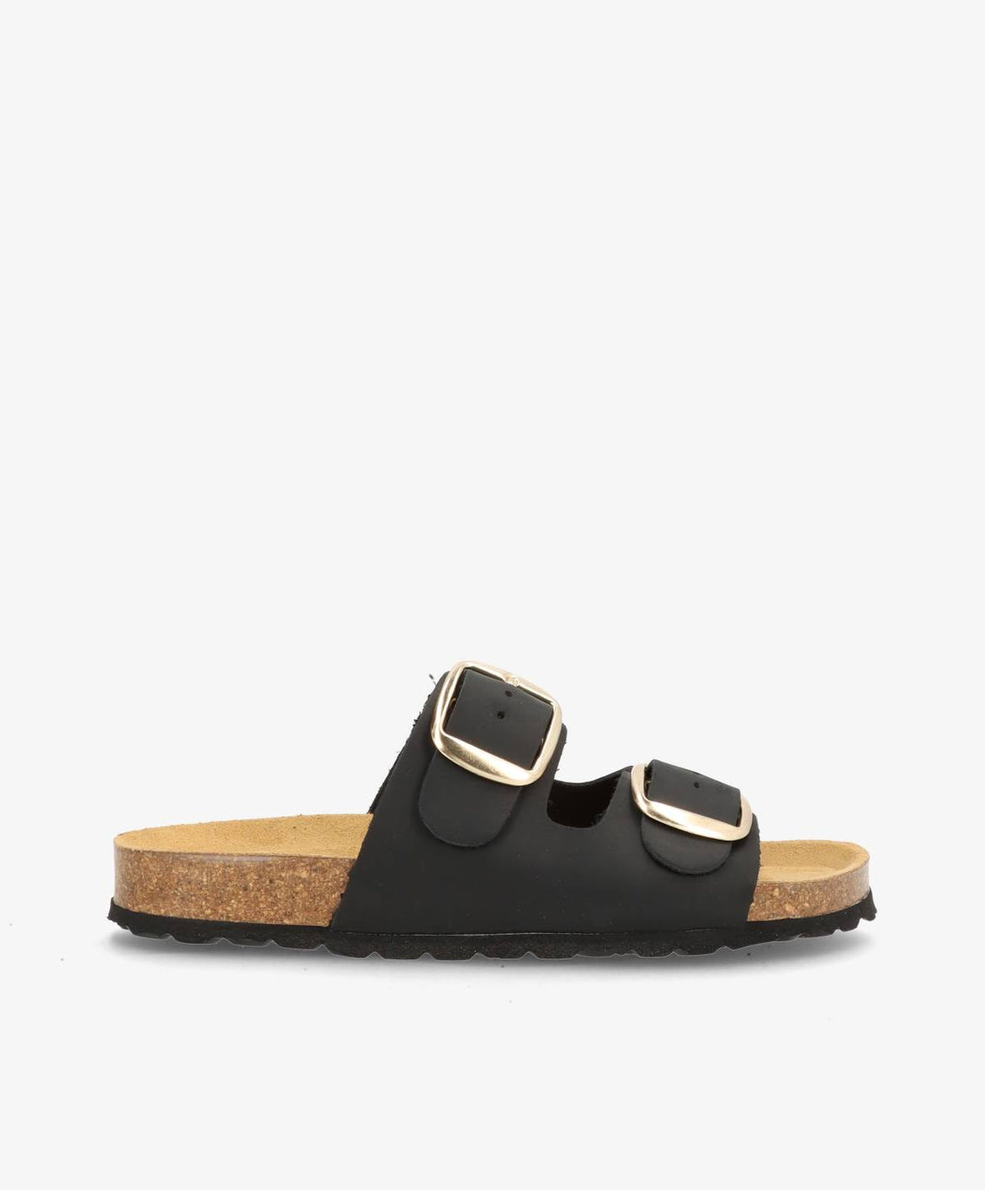 Sort sandal med to justerbare remme og guldspænder fra Shoedesign Copenhagen.