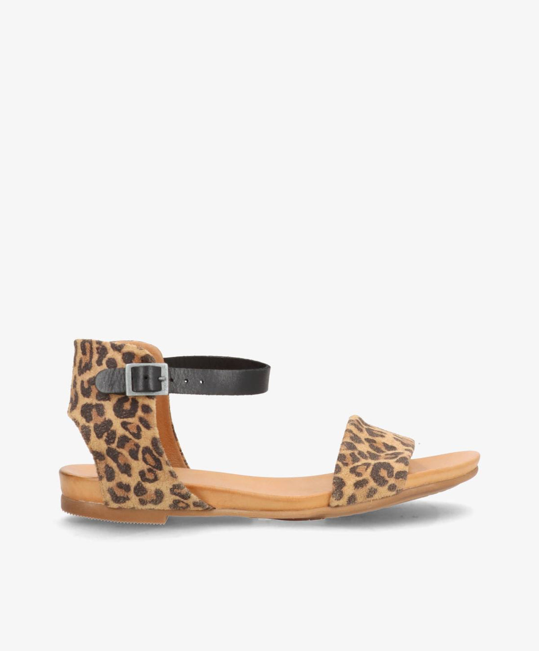 Flad sandal i leopardmønstret ruskind fra Shoedesign Copenhagen med sort ankelrem og spænde.