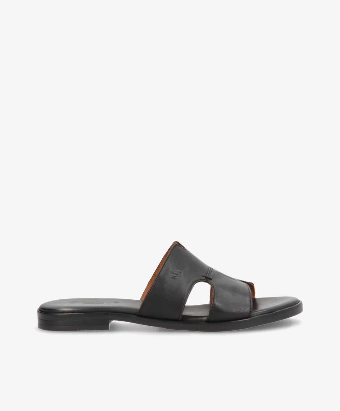 Sort læder sandal fra Shoedesign Copenhagen med åben tå og flad sål.