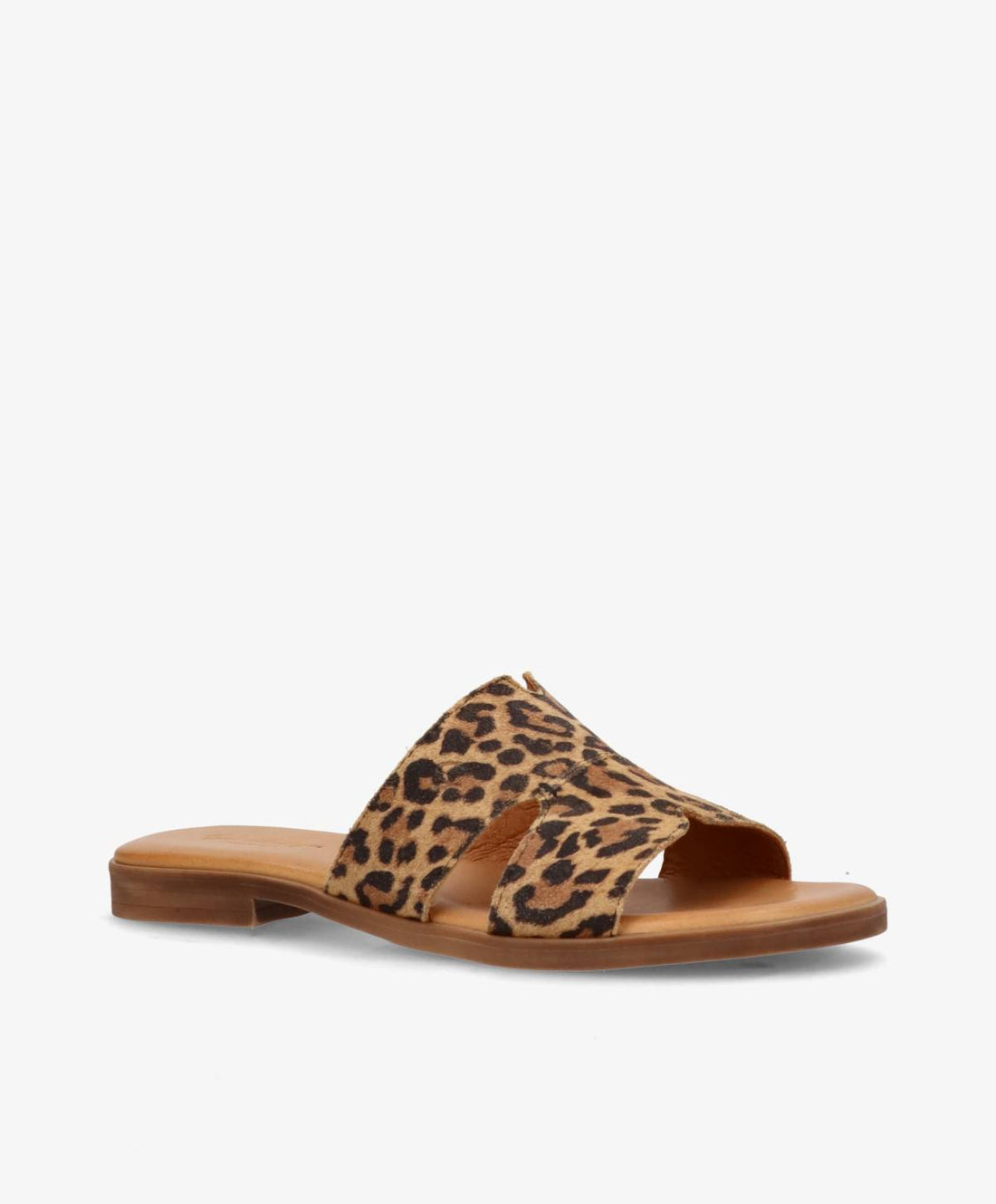 Leopardmønstret sandal fra Shoedesign Copenhagen med flad sål og åbent design.