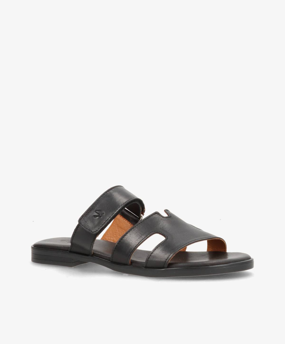 Sort læder sandal fra Shoedesign Copenhagen med to brede remme og flad sål.