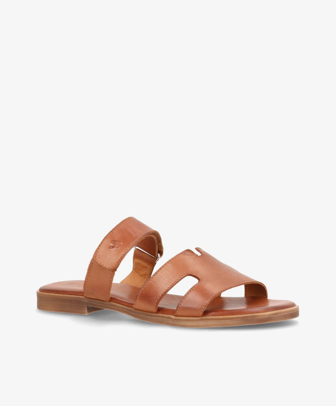 Brun lædersandal fra Shoedesign Copenhagen med flad sål og to brede remme.