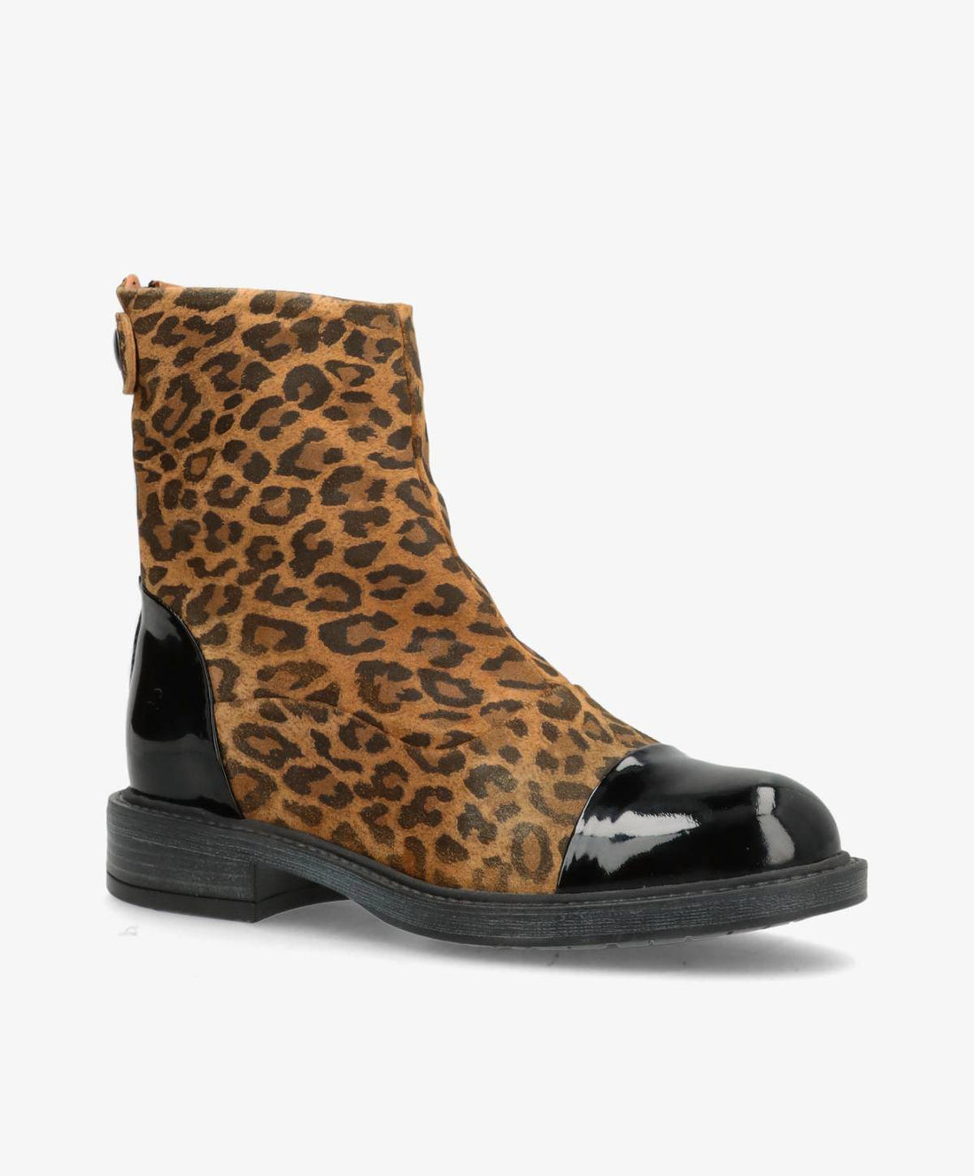 Dame ankelstøvle fra Shoedesign Copenhagen med leopardmønster og sort lakdetalje.