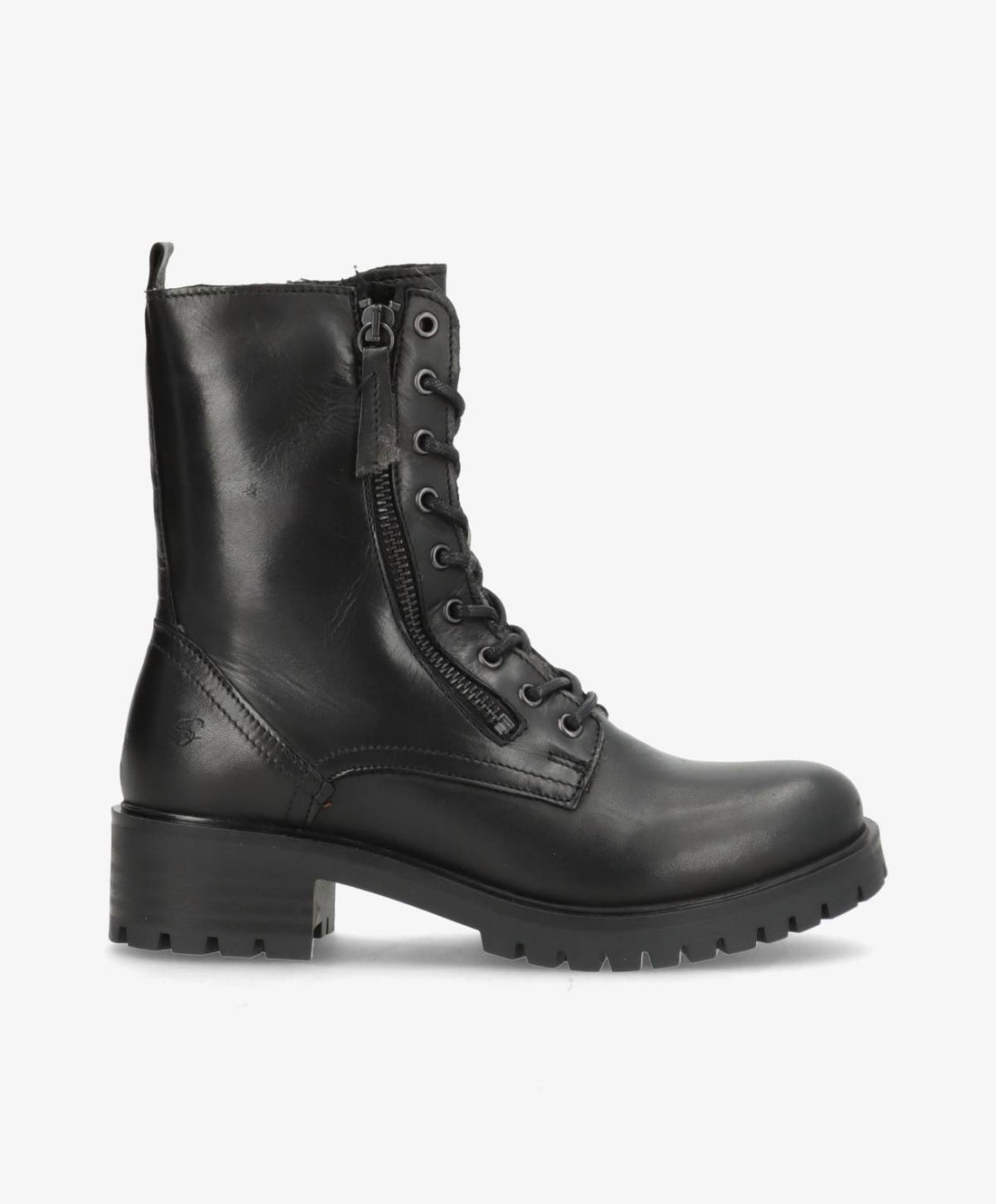 Sort læderstøvle med snørebånd og lynlås fra Shoedesign Copenhagen, set fra siden.