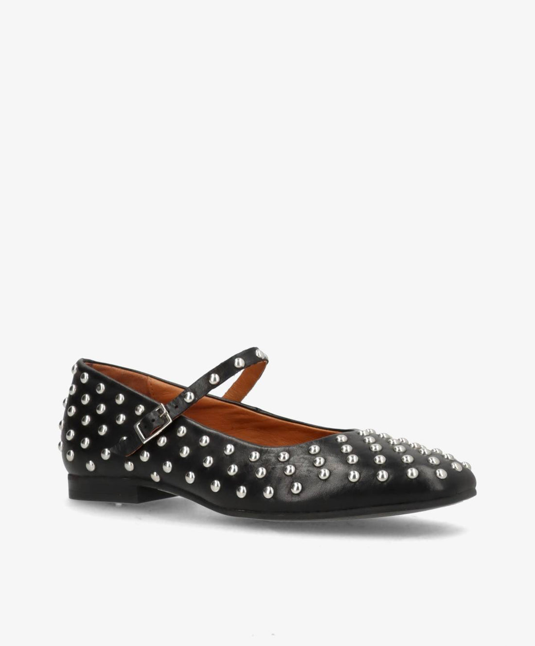 Sort læderballerina med sølvnitter og spænde fra Shoedesign Copenhagen.