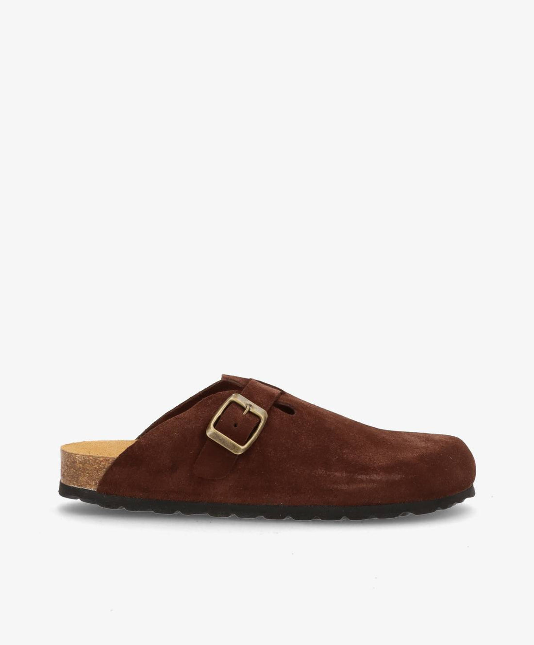 Brun ruskindsmule fra Shoedesign Copenhagen med justerbar spænde og korksål.
