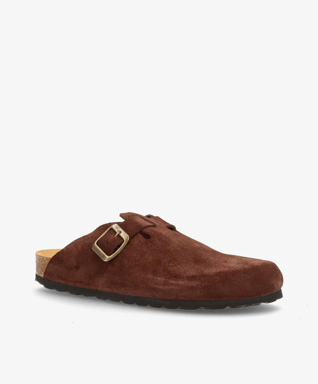 Brun ruskindsmule fra Shoedesign Copenhagen med justerbar spænde og korksål.