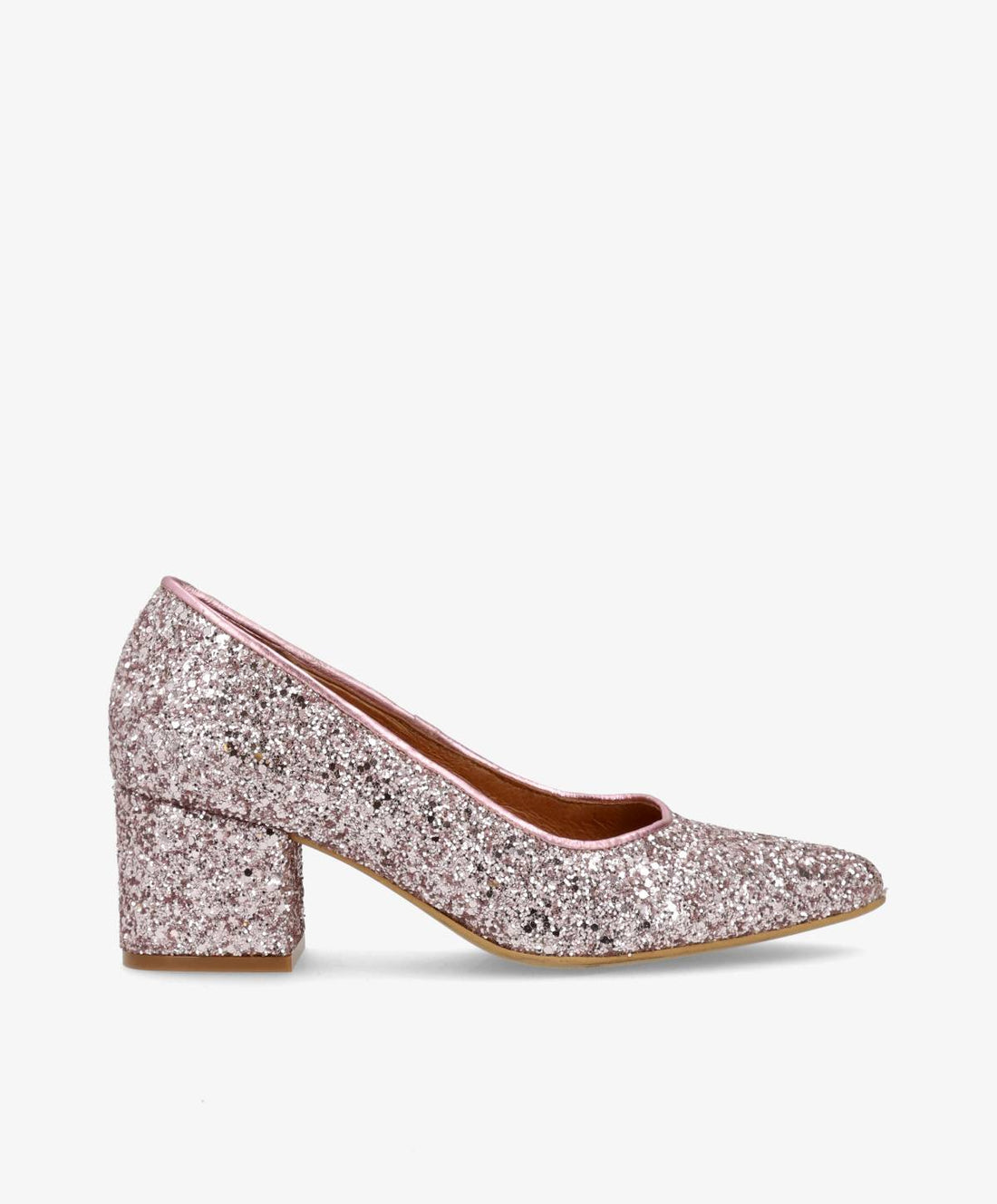 Pumps fra Shoedesign Copenhagen i rosa glitter med blokhæl.