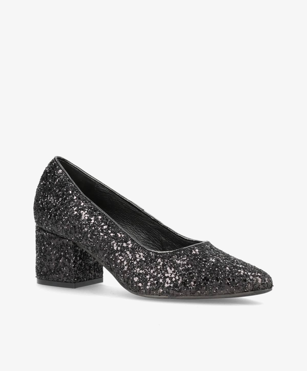 Sort glitrende pumps fra Shoedesign Copenhagen med blokhæl.