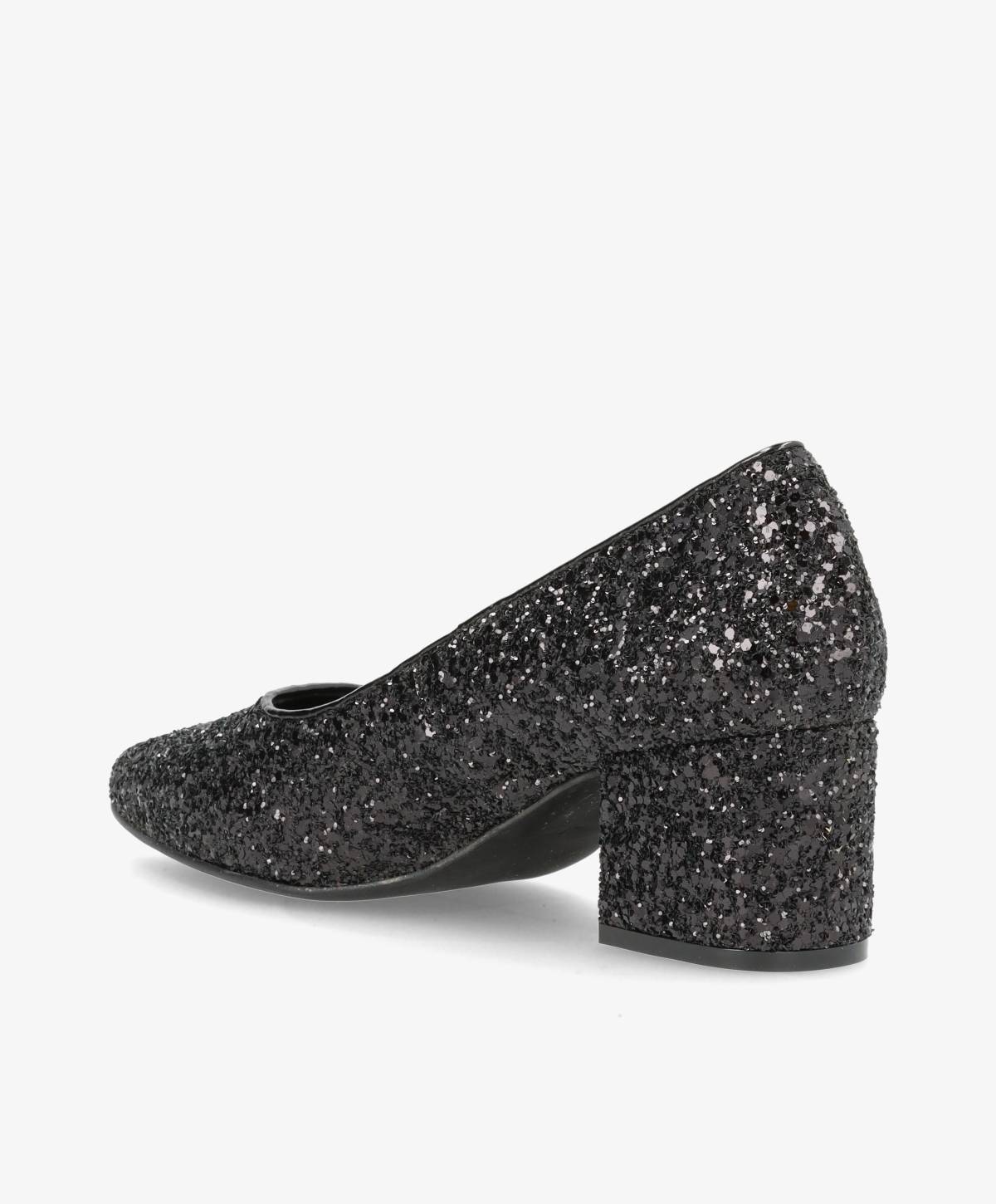 Sort glitrende pump fra Shoedesign Copenhagen med blokhæl.